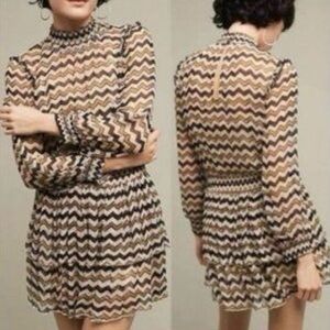 Chic Boho Chevron‎ Zigzag Sheer Mock Neck Tiered Ruffle Dress Size 4 Whimsy